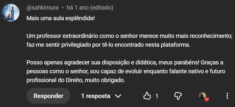 Comentário de aluno no canal do Professor Jorge Miguel — 1